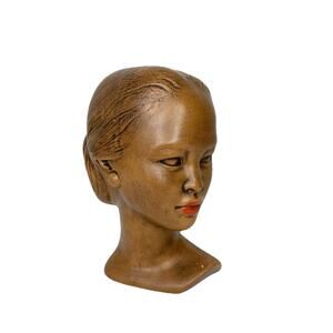 Vintage Holland‎ Mold Bust Head Woman Ceramic Statue Figurine Brown Red Lipstick